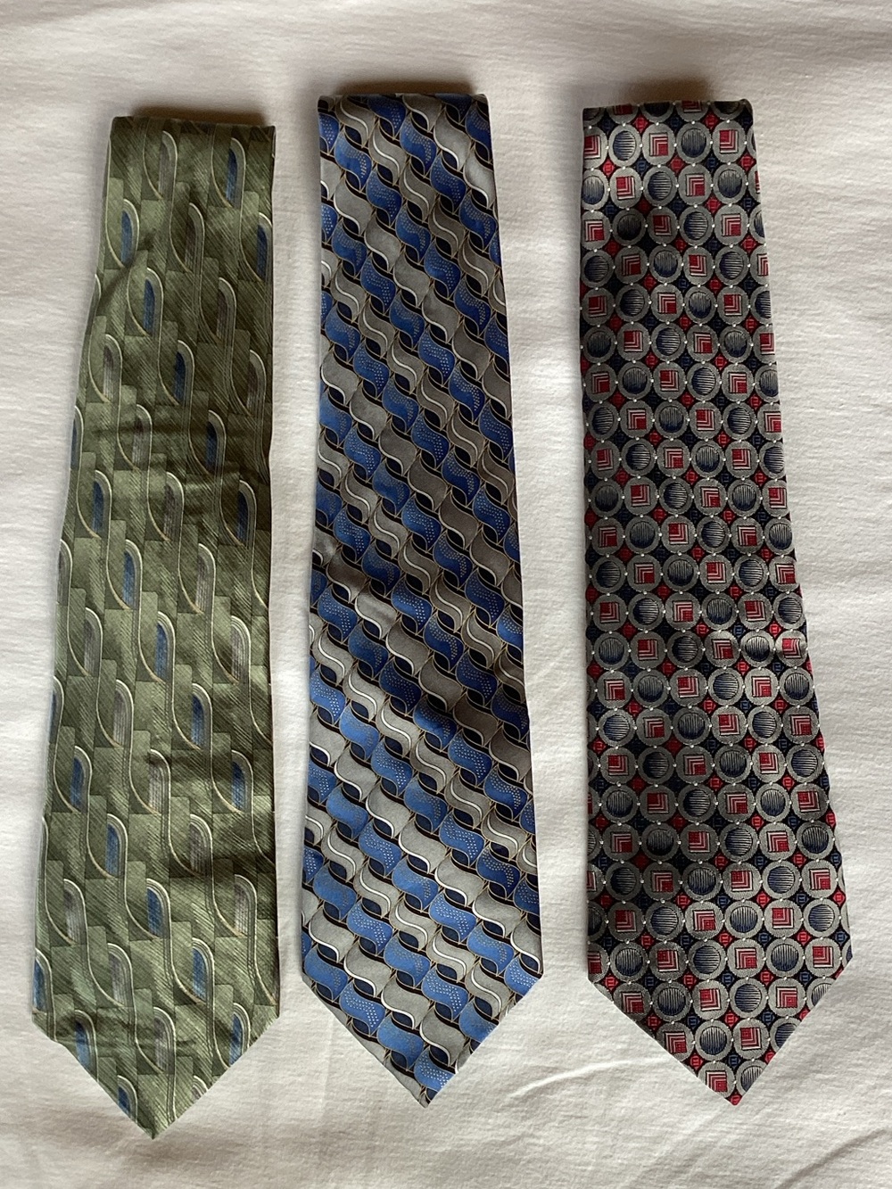 Stafford Three-Piece Patterned Tie Set — Olive, Blue, Gray with Red Accents